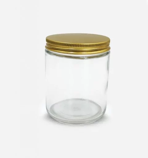 pot simplicité verre transparent 250ml avec couvercle aluminium doré monté