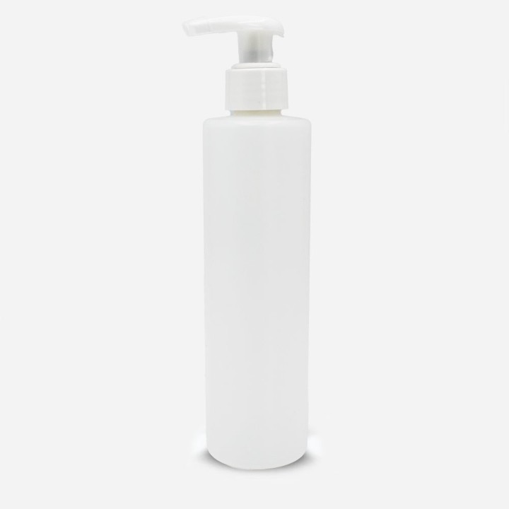 Flacon Bouillotte PEHD naturel 250ml avec pompe dispenser blanche