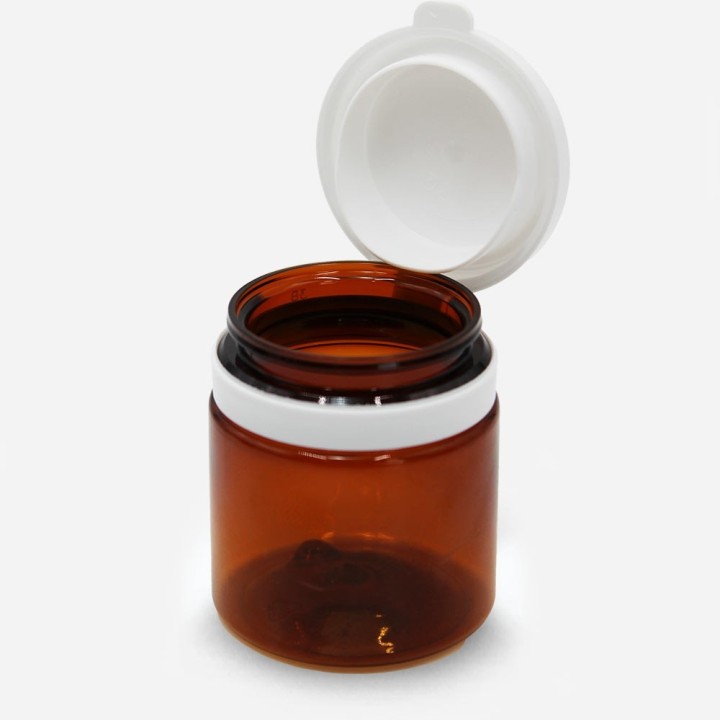 Pilulier PET Ambre 75ml avec capsule blanche monté ouverte