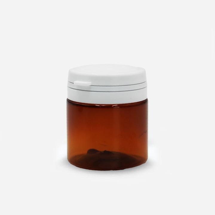 Pilulier PET Ambre 50ml avec capsule blanche monté