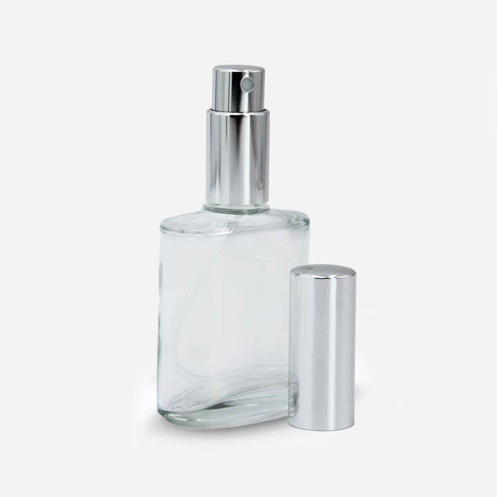 Bouillotte ovale verre 50ml avec pompe spray argent brillant monté