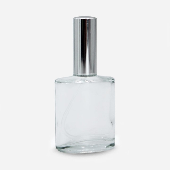 Bouillotte ovale verre 50ml avec pompe spray argent brillant et capot monté