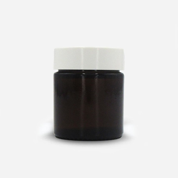 Pommadier verre ambré 30ml avec couvercle blanc thermodure monté
