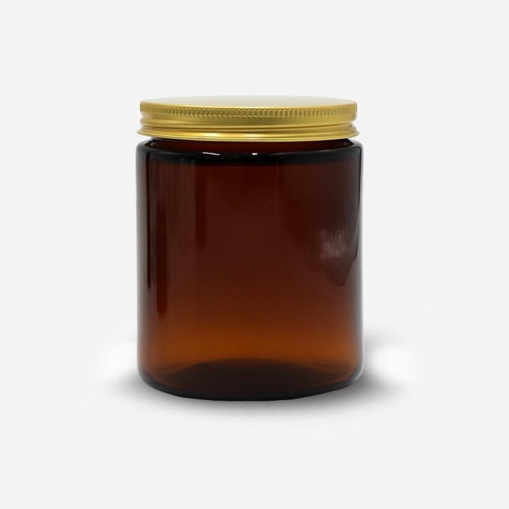 Pommadier-verre-ambré-250ml-avec-couvercle-aluminium-doré monté