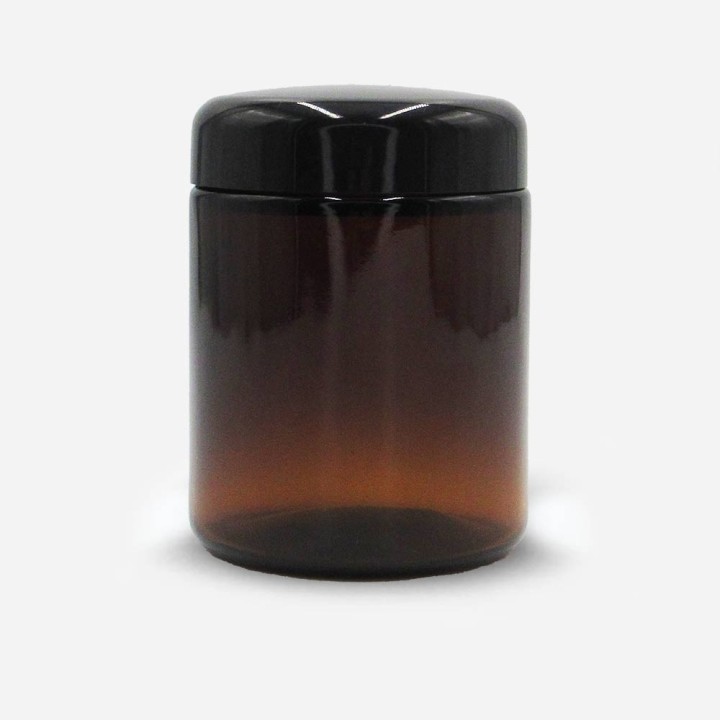 Pommadier-verre-ambré-250ml-avec-couvercle-Urea-noir-monté