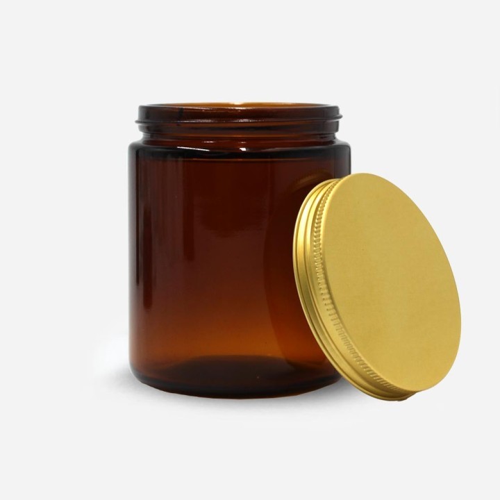 Pommadier-verre-ambré-250ml-avec-couvercle-aluminium-doré à coté