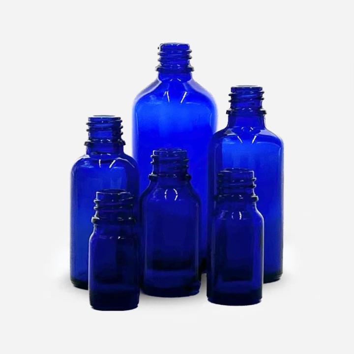 Flacon goutte verre bleu din18
