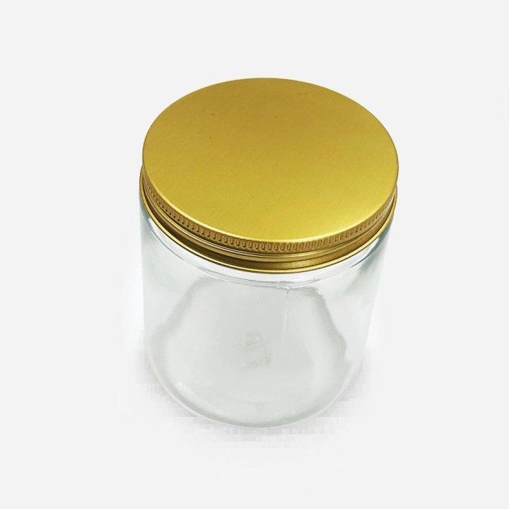 pot simplicité verre transparent 250ml avec couvercle aluminium doré monté vu dessus