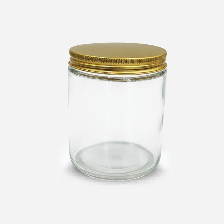 pot simplicité verre transparent 250ml avec couvercle aluminium doré monté
