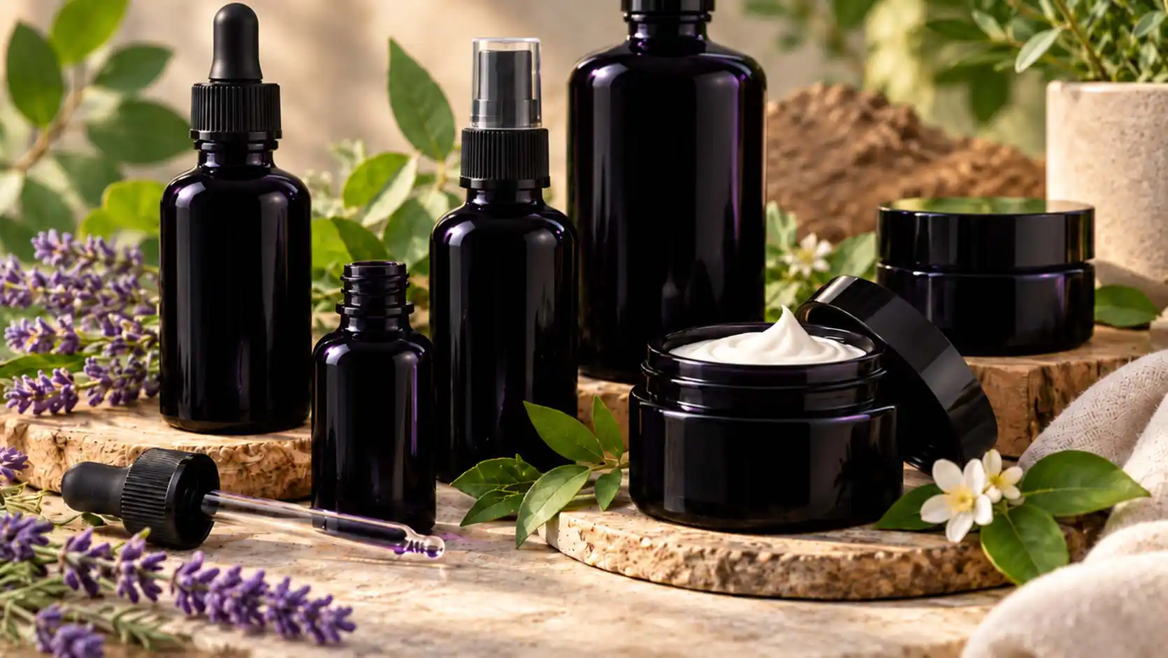 Flacons et pots en verre violet MIRON pour le conditionnement et la protection des cosmétiques naturels, huiles essentielles et soins haut de gamme.