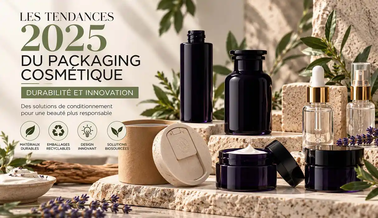 Tendances packaging cosmétique 2025 avec pots en verre, flacons transparents, verre violet et emballage carton biosourcé