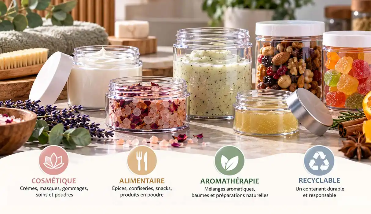 Le pot PET cristal 70-400 : un choix polyvalent pour la cosmétique et l’alimentaire