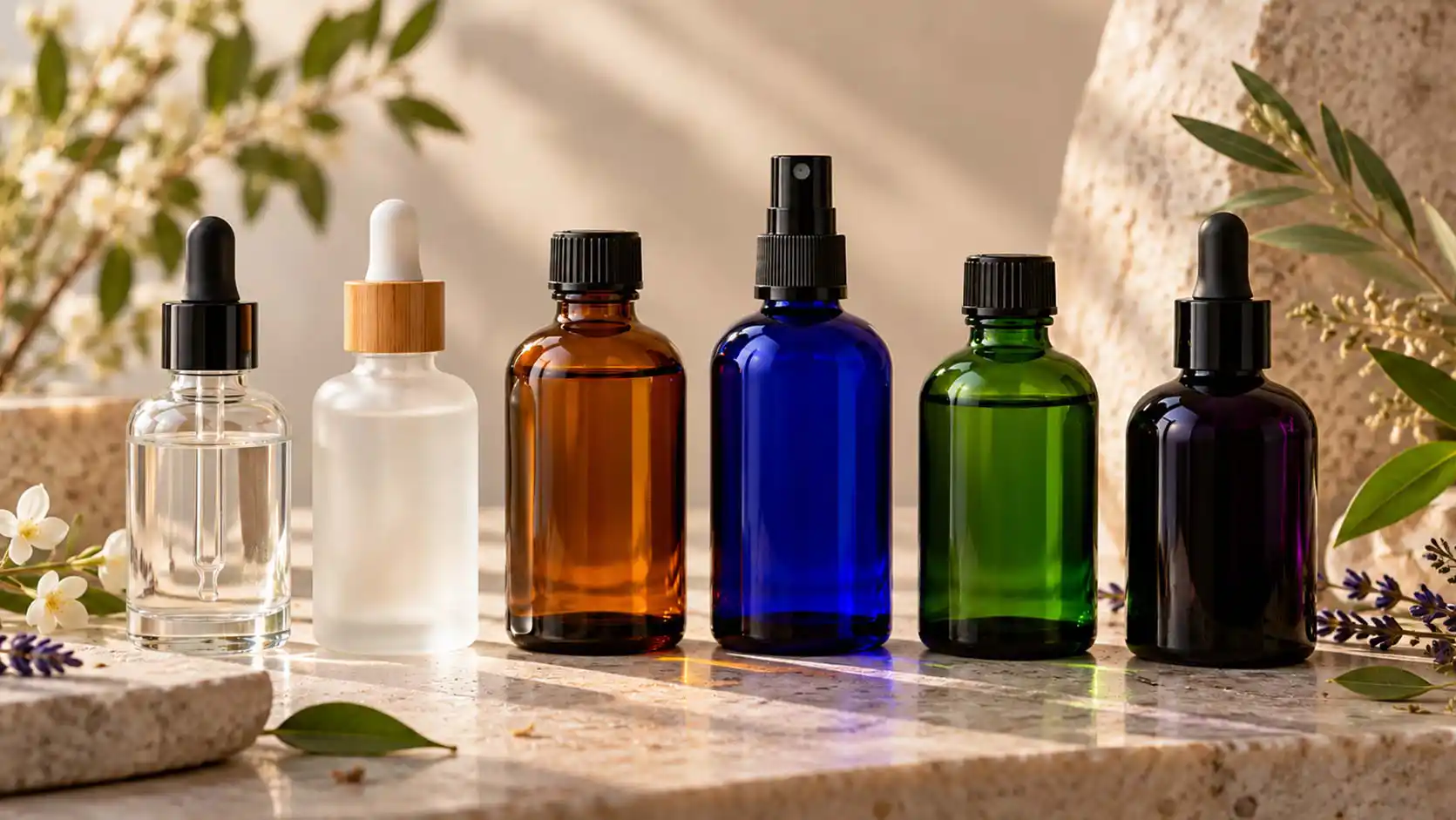 Flacons en verre bleu Fleur d’Oranger et verre violet MIRON pour le conditionnement des eaux florales, hydrolats et soins cosmétiques naturels